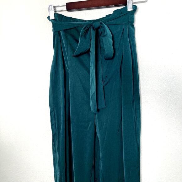On Twelfth Self Tie Belted Wide Leg Satin Palazzo Pants - Green - Medium - Picture 2 of 6